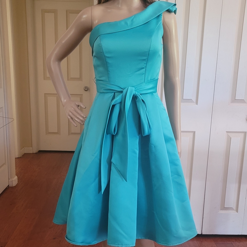 Mori Lee One-Shoulder Teal Fit-and-Flare Dress